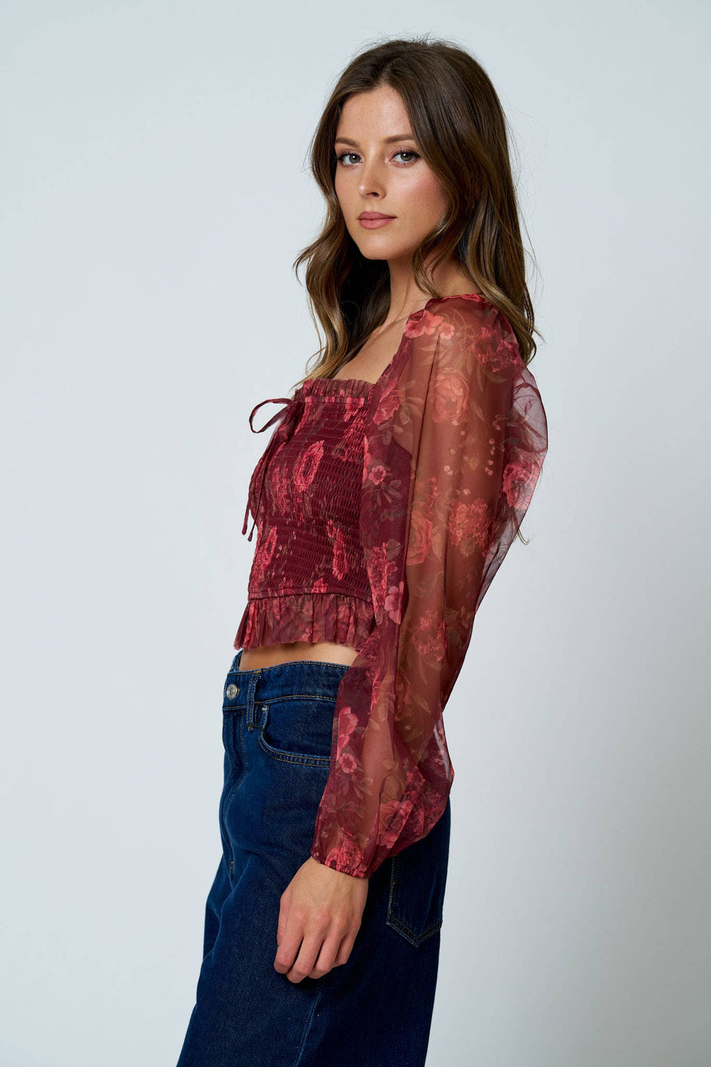 FLORAL CHIFFON SMOCKED LONG SLEEVE BLOUSE