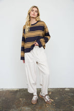 WIDE STRIPE CREW NECK LONG SLEEVE KNIT SWEATSHIRT