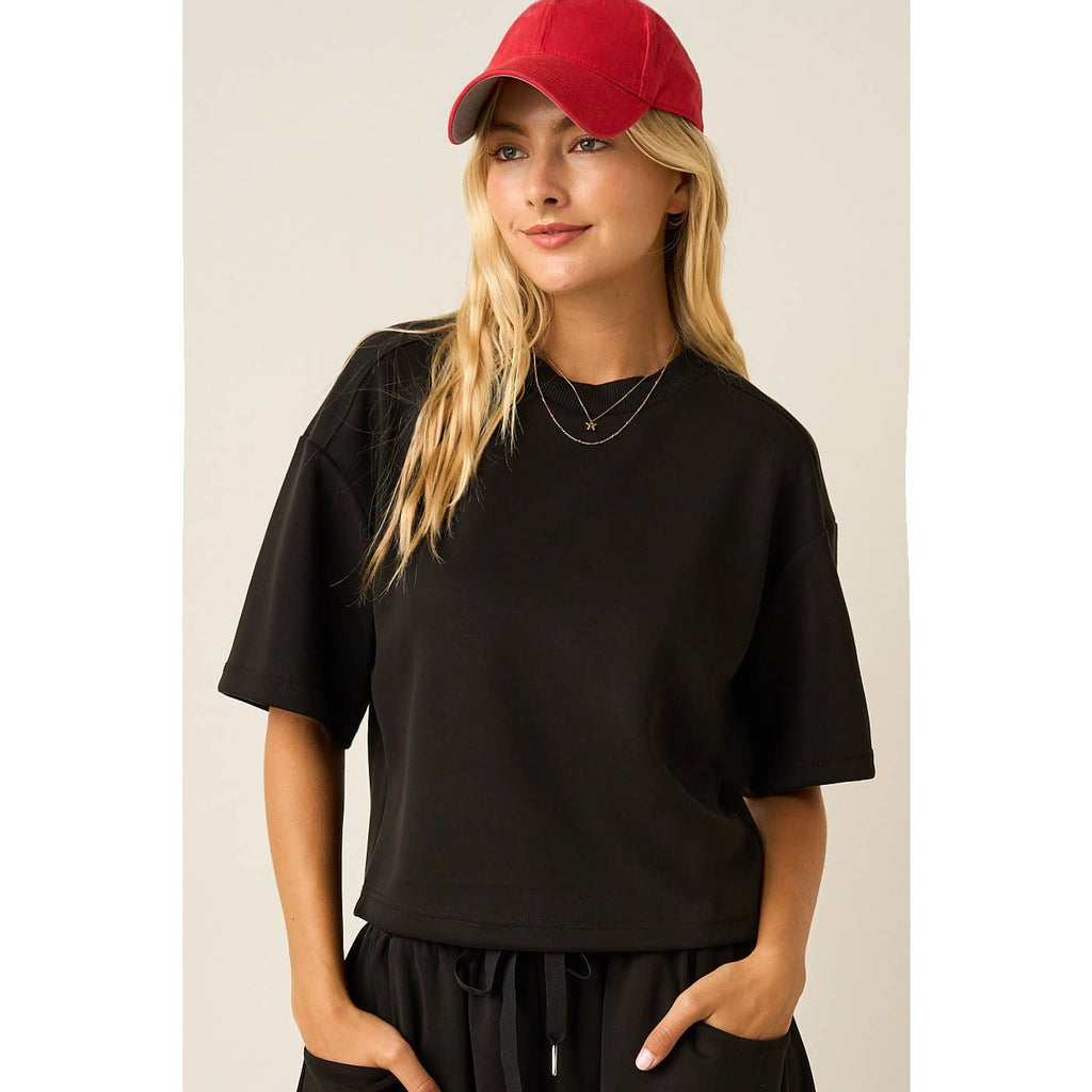 CLOUD KNIT SHORT SLEEVE BOXY CREW NECK TOP