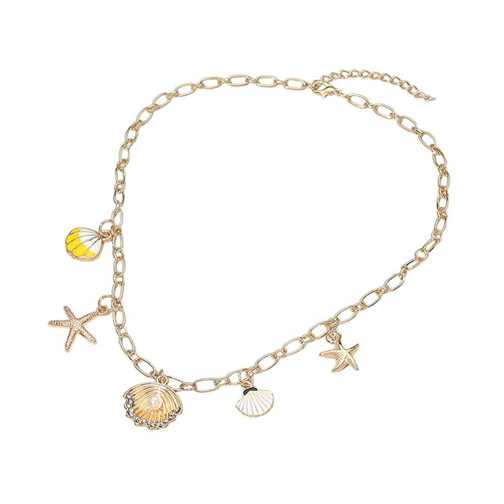 12PCS - Seashell Starfish Charm Station Necklace