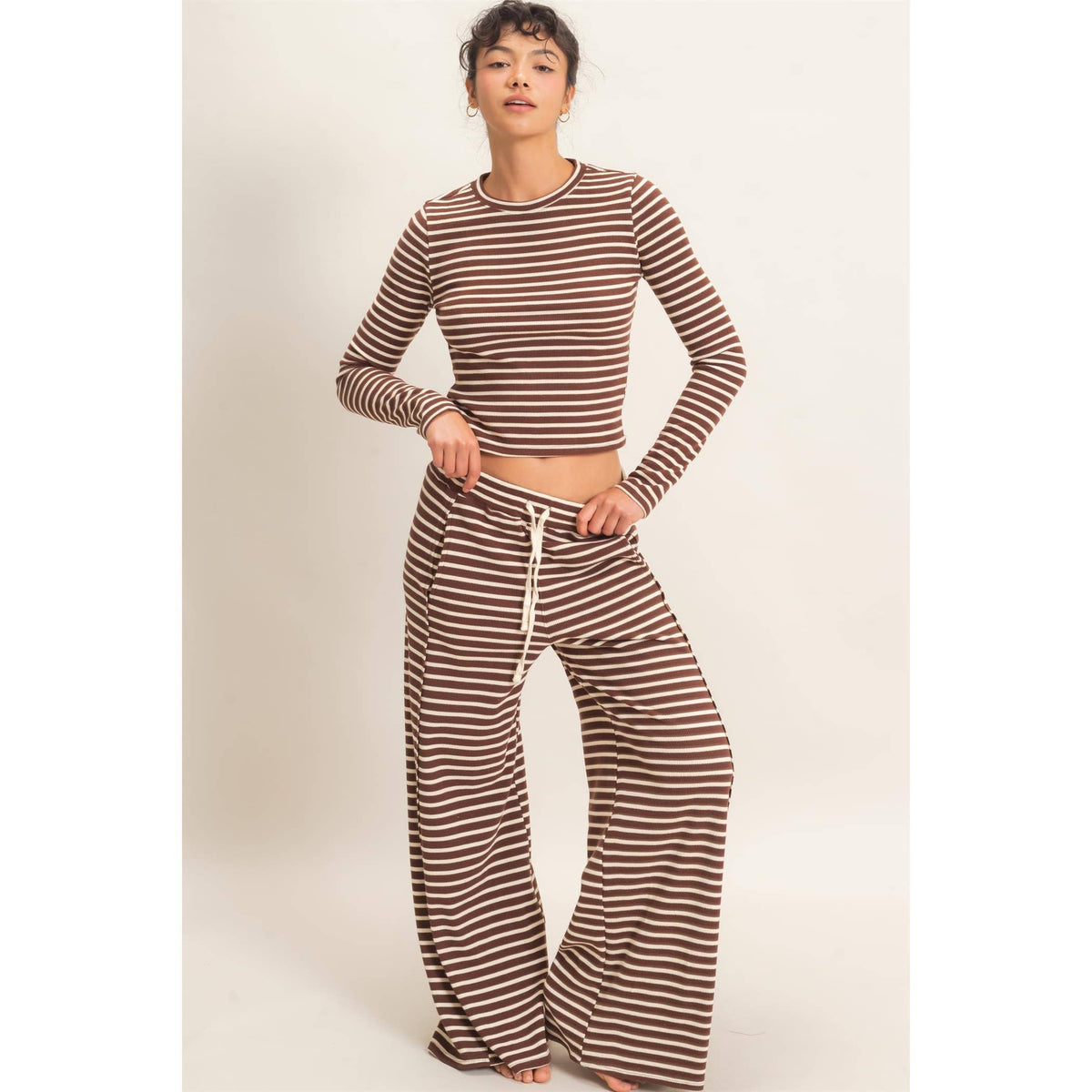 Striped Waffle Long Sleeve Top & Pants Set
