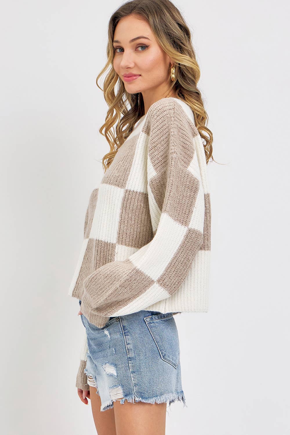 CASUAL SOFT COZY  RELAXED FIT CHECKER KNIT SWEATER