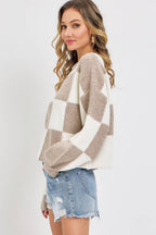 CASUAL SOFT COZY  RELAXED FIT CHECKER KNIT SWEATER