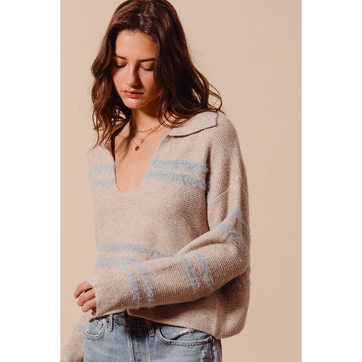 FUZZY HAIRY STRIPE DEEP U NECK SWEATER TOP