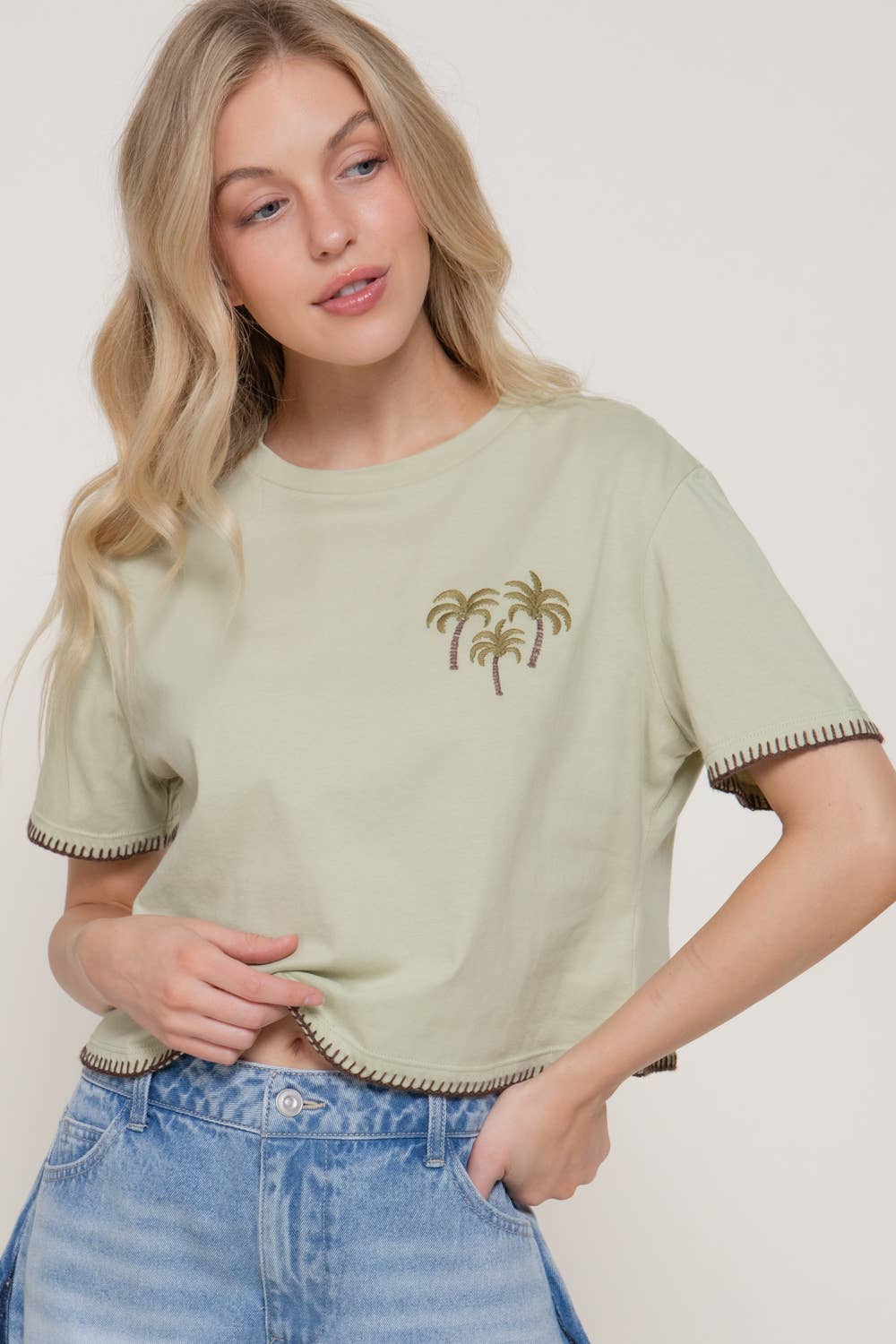 Short Sleeve Round Neck Embroidery Detail Cotton Jersey Top