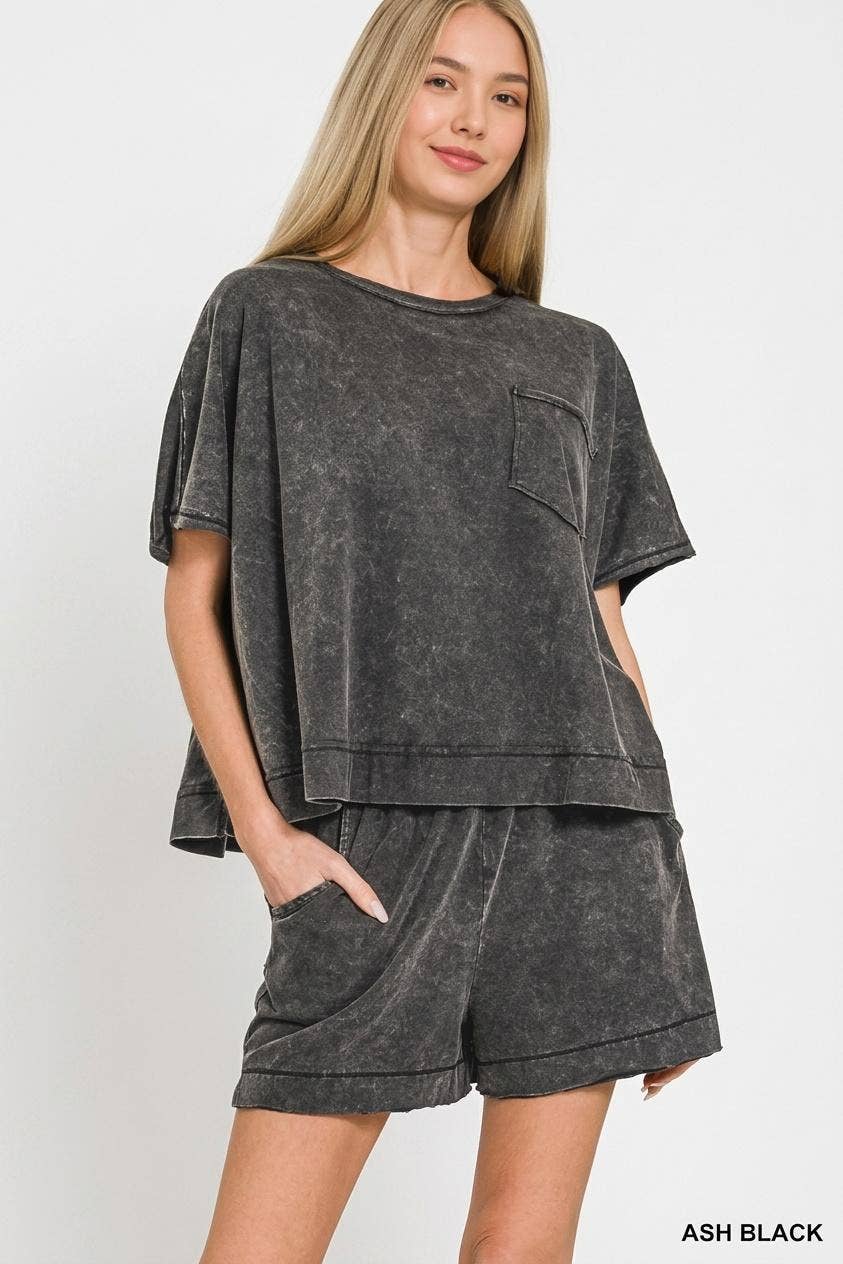 Acid Washed Oversized Top & Shorts Set - Zenana