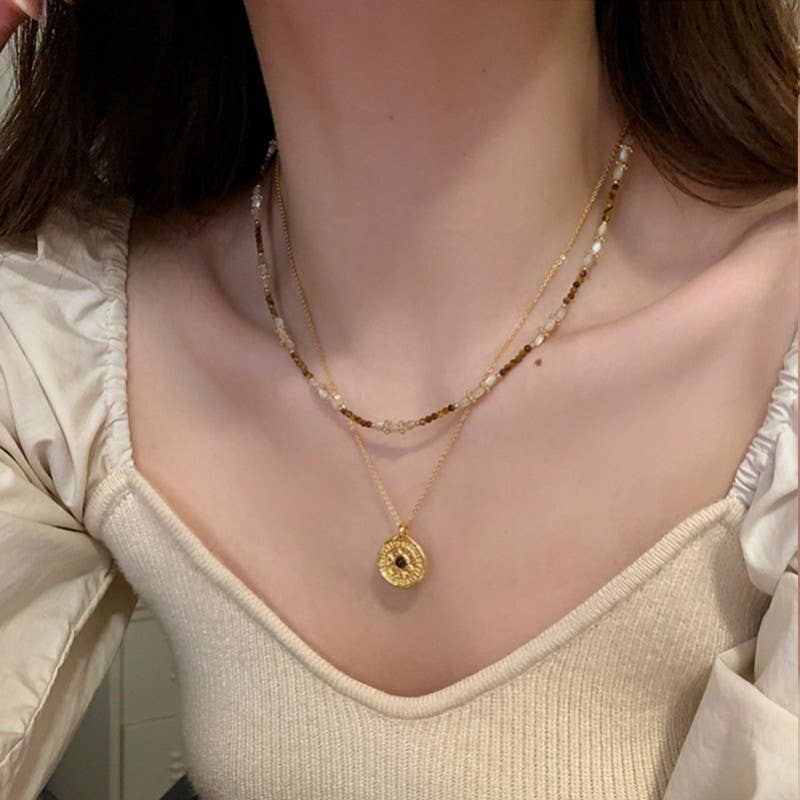 MULTI LAYER BEADED CHAIN COIN CHARM NECKLACE | 40NK9622
