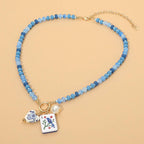 Mahjong Tile Charm Pearl Floral Bead Ball Charm Pendant Beaded Necklace