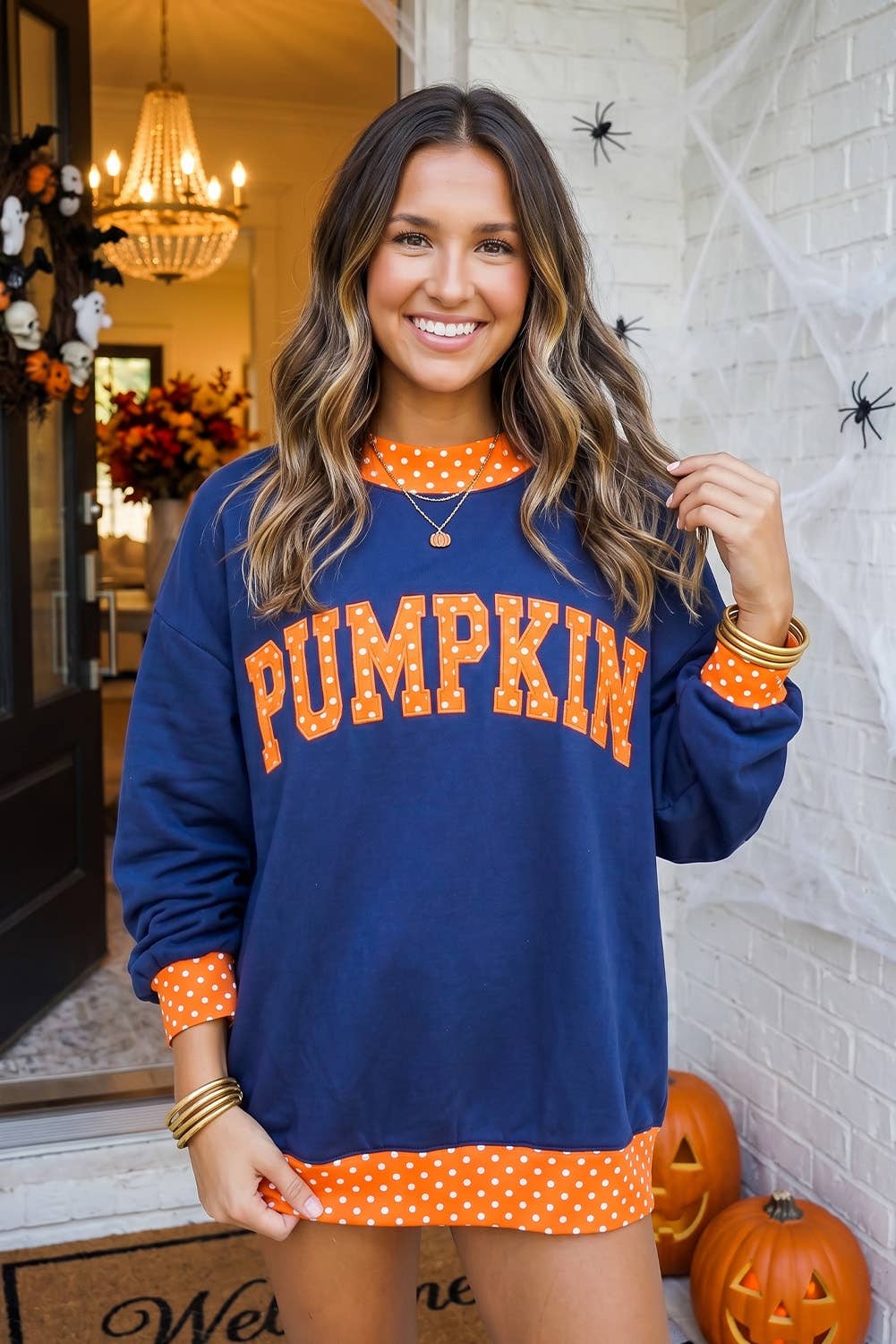 LAS-LIVE Polka Dot Letter Print Mock Neck Sweatshirt (S-XL)