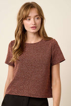 T10373B - GEO PATTERN METALLIC SHORT SLEEVE TOP