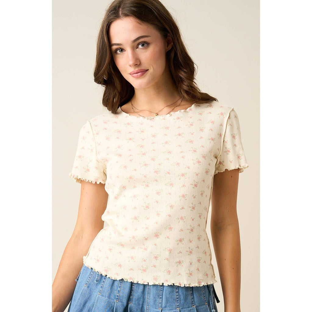 DITSY FLORAL PRINT LETTUCE EDGE SHORT SLEEVE TOP