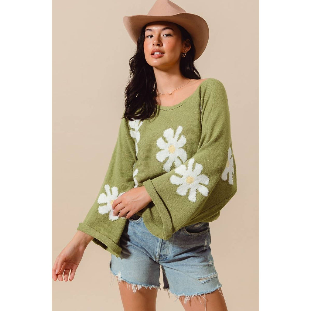 DAISY FLORAL PATTERN KNITTED SWEATER TOP