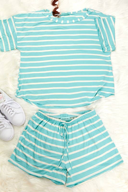 Rayon spandex stripe loose fit short and top set (P16433)