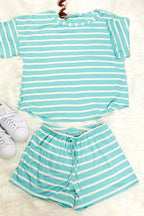 Rayon spandex stripe loose fit short and top set (P16433)