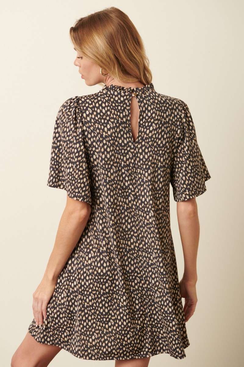 ANIMAL PRINT RUFFLE MOCK NECK MINI DRESS