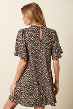 ANIMAL PRINT RUFFLE MOCK NECK MINI DRESS