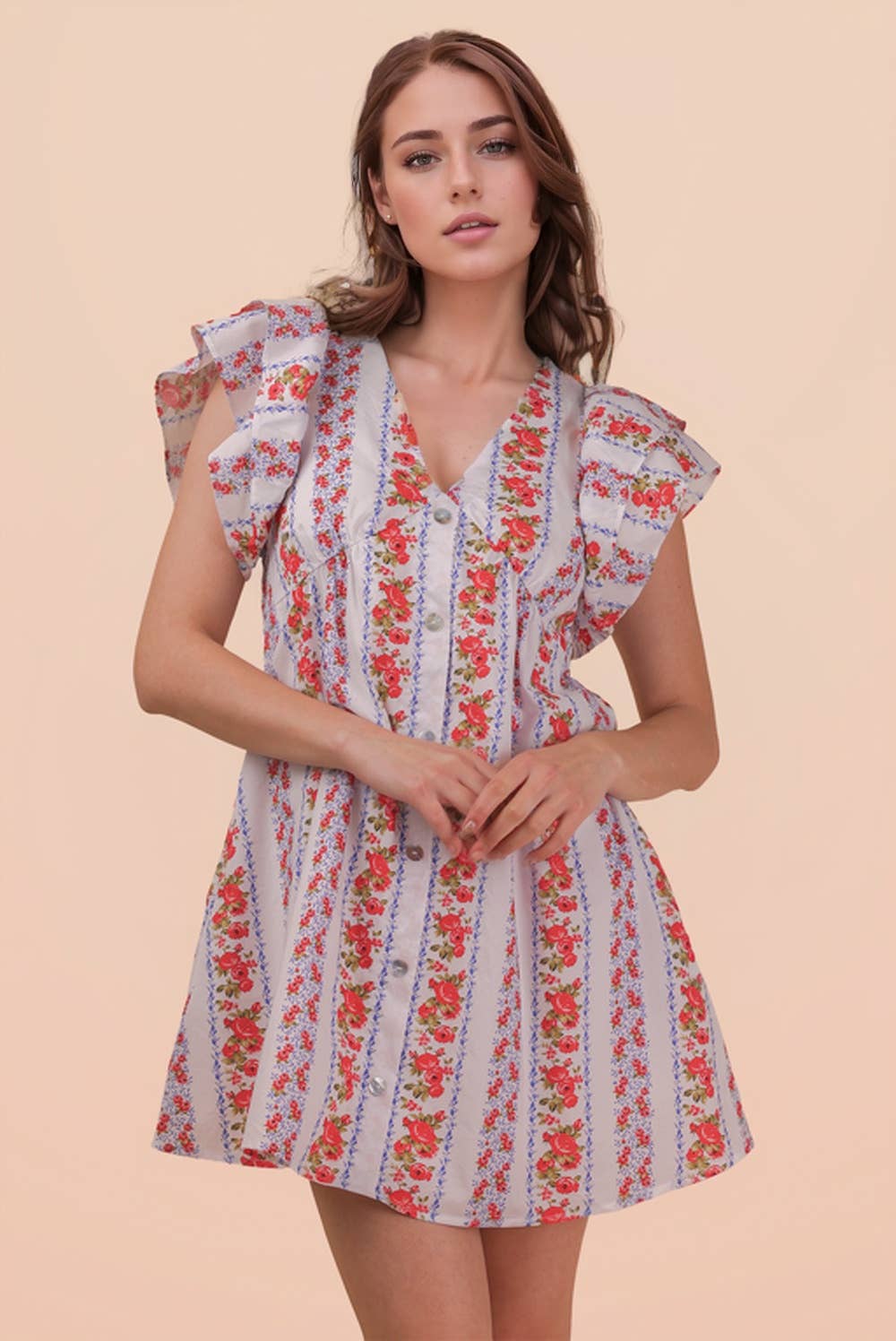 ND31775-Button Down Printed Ruffle Sleeve Mini Dress