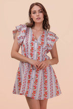 ND31775-Button Down Printed Ruffle Sleeve Mini Dress