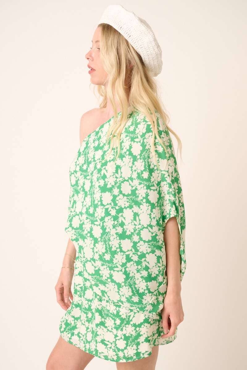 H42725A-FLOWER PRINT ONE SHOULDER MINI DRESS
