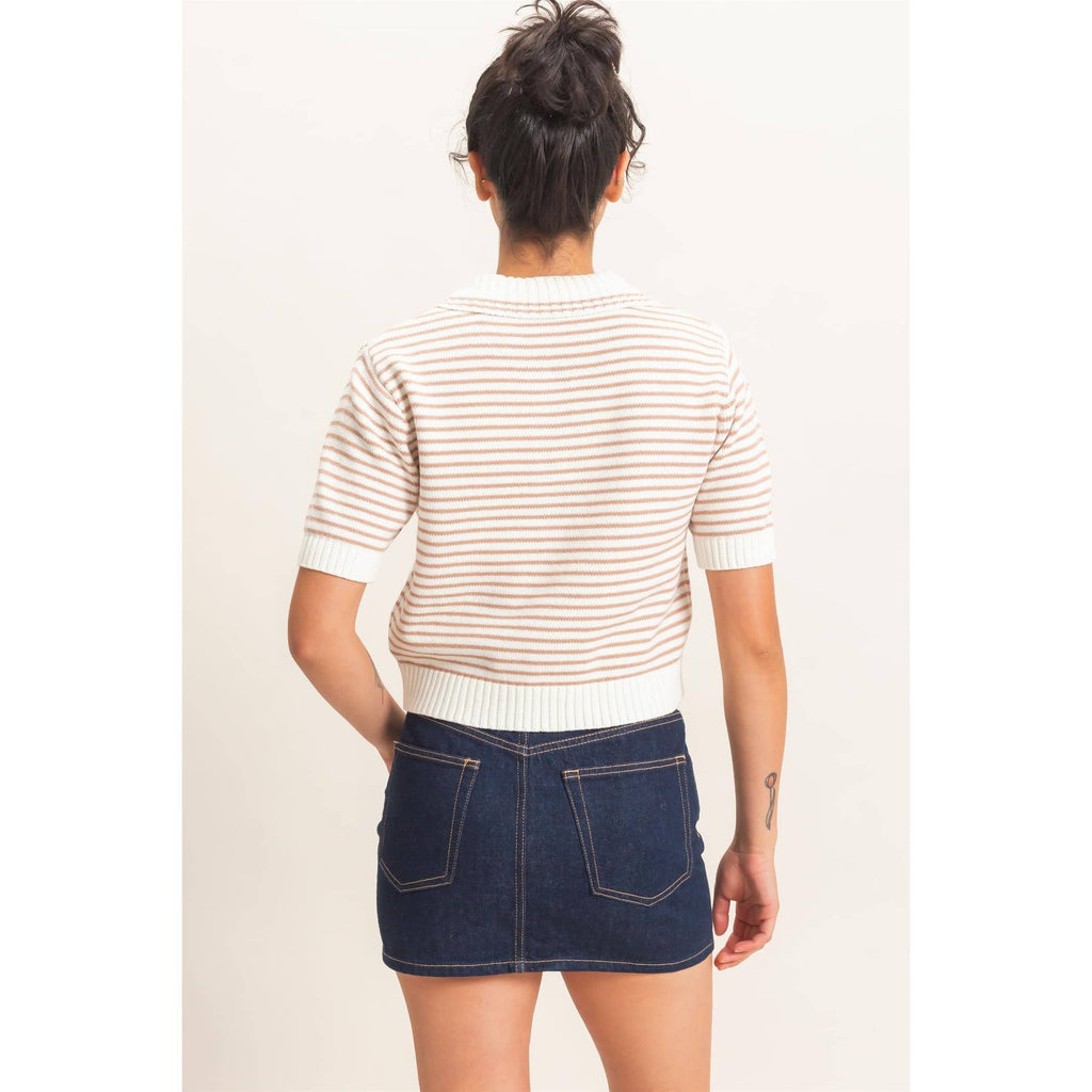 Striped Short Sleeve Collar Knit Top