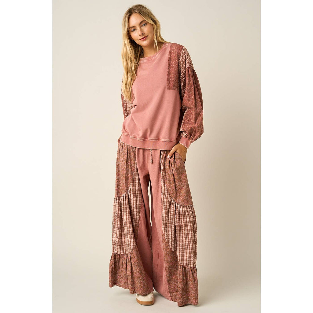 PATCHWORK MIXED PRINT WIDE LEG PANTS