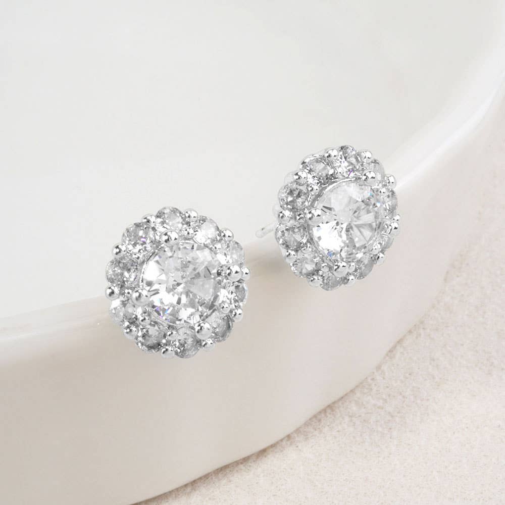 14K Gold Dipped Dainty Round Halo CZ Stud Earrings