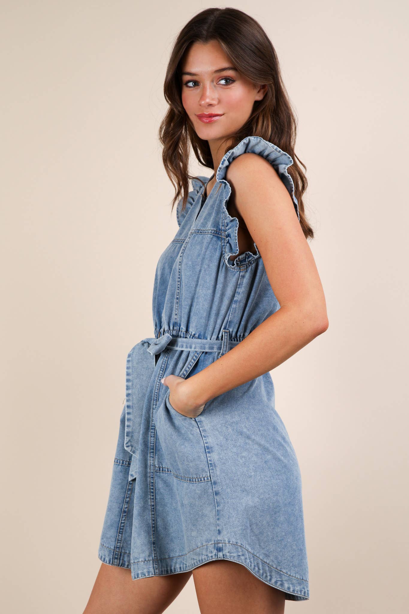 ND31543-Washed Chambray Ruffle Detail Mini Dress
