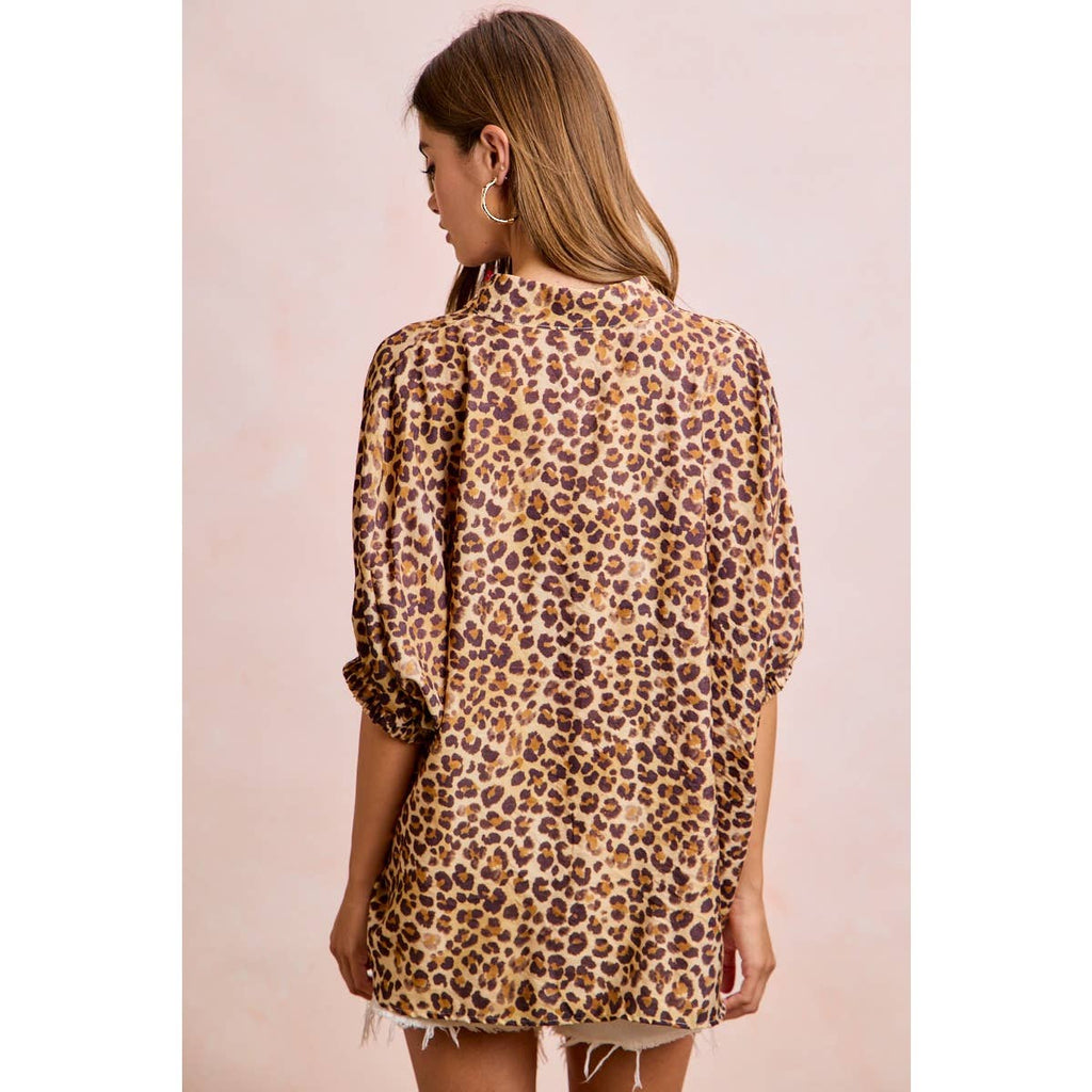 LEOPARD CONTRAST BANDED DOLMAN SLEEVES BLOUSE TOP