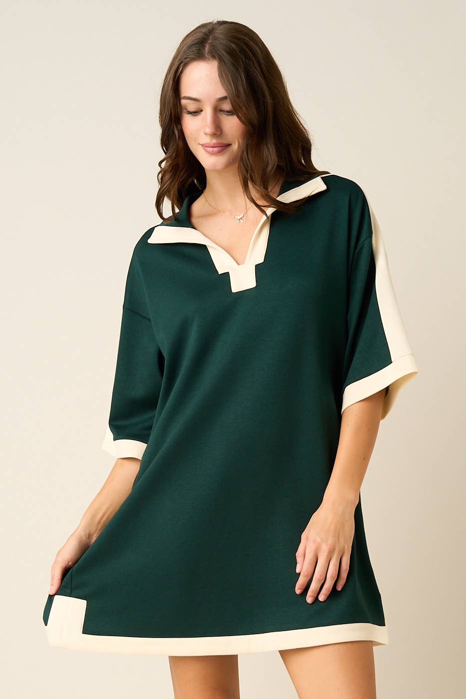 CLOUD KNIT CONTRAST STRIPE POLO MINI SHIRT DRESS