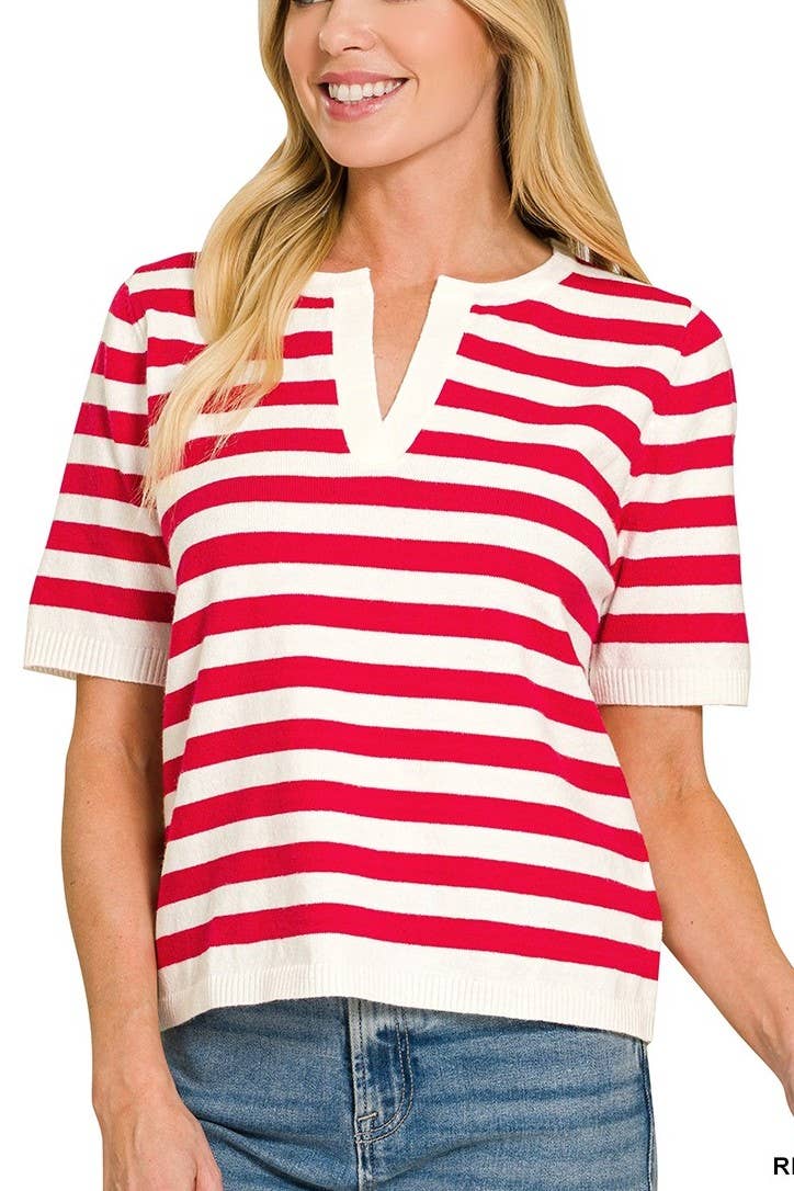 Split Neck Stripe Short Sleeve Sweater