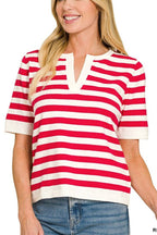 Split Neck Stripe Short Sleeve Sweater