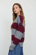 WIDE STRIPE TEXTURED KNIT CONTRAST KNIT CARDIGAN