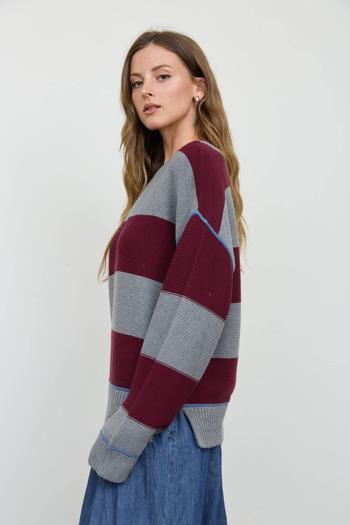 WIDE STRIPE TEXTURED KNIT CONTRAST KNIT CARDIGAN