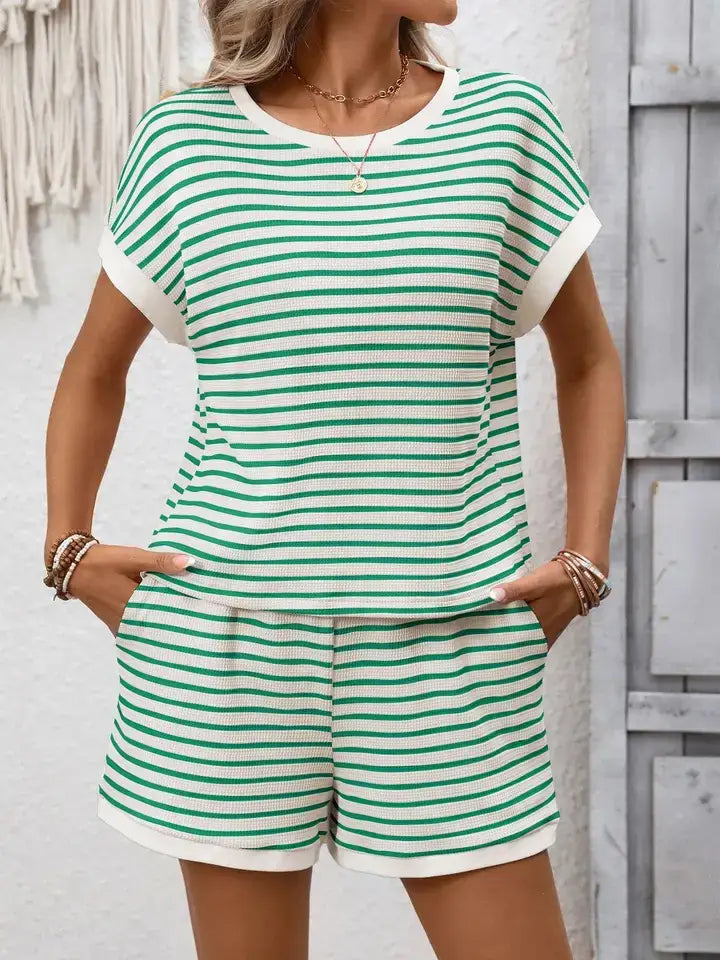 Striped  Relaxed Fit Tee Short Set Lounge Outfit