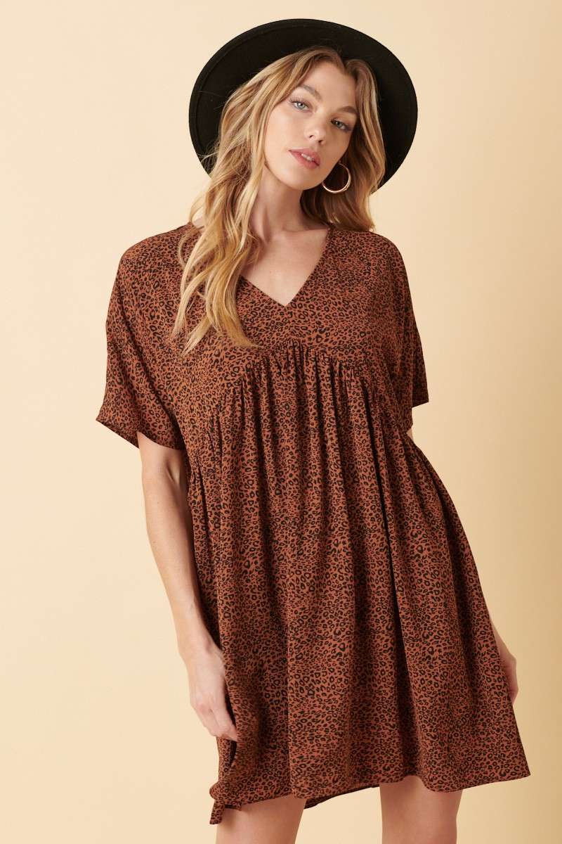MINI ANIMAL PRINT DOLMAN SLEEVE BABYDOLL DRESS