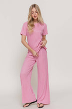 Short Sleeve Top & Wide Knit Pants Set