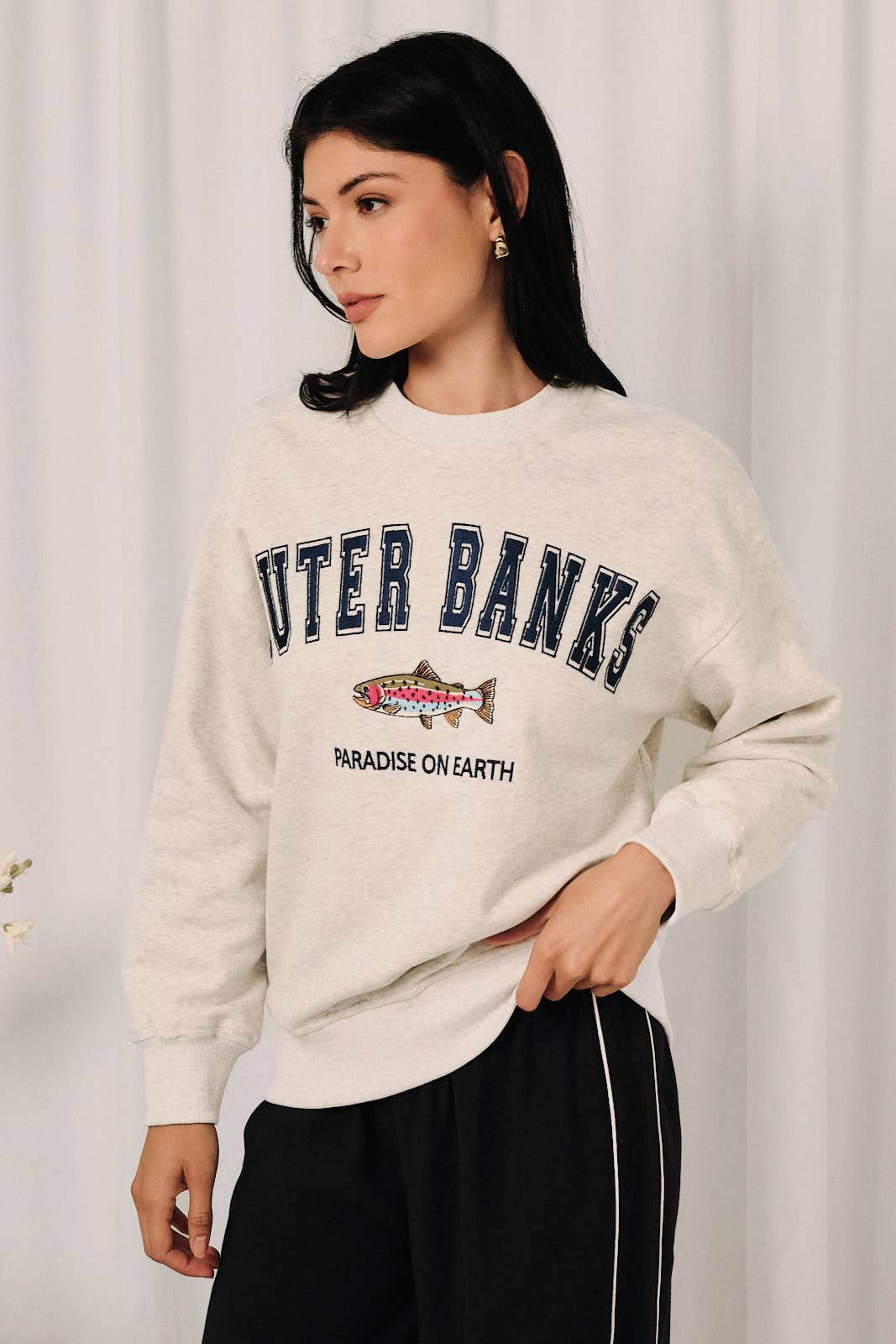 Outer Banks Fish Graphic Embroidered Crewneck Sweatshirt