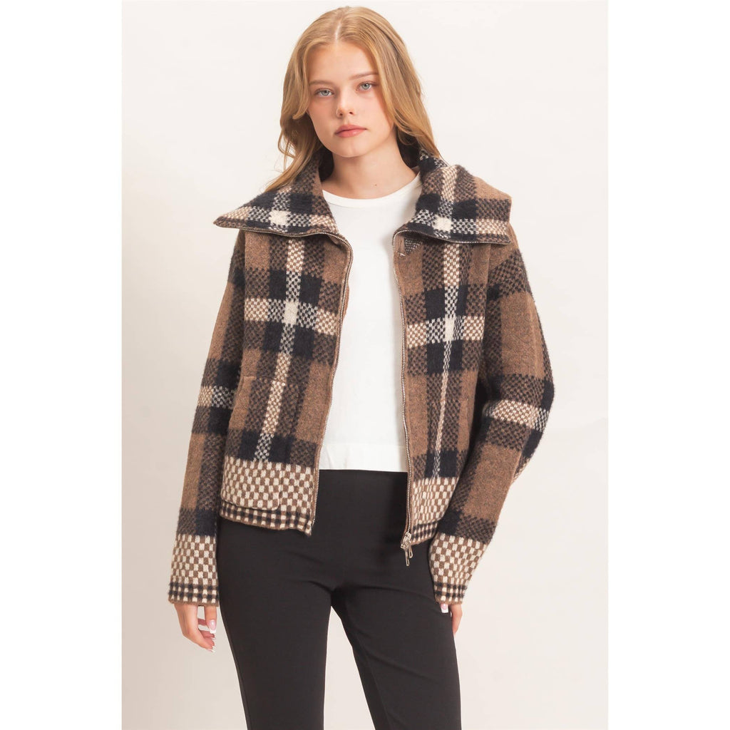 Wide Collar Plaid Zip-Up Sweater