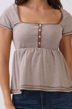 JT57348S - STRIPE SQUARE NK HENLEY BABYDOLL TEE