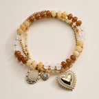 Beaded Heart Charm Stretch Bracelet Set | 3-Piece Layered Stack with Gold Accents
