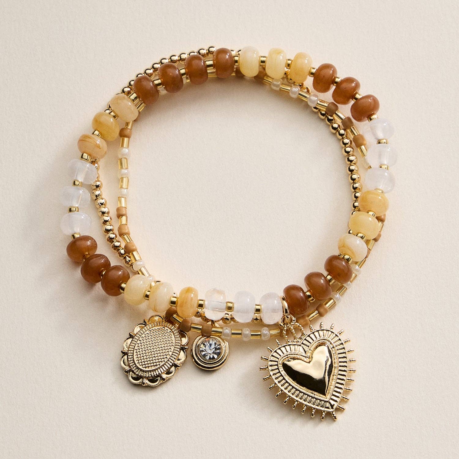 Beaded Heart Charm Stretch Bracelet Set | 3-Piece Layered Stack with Gold Accents