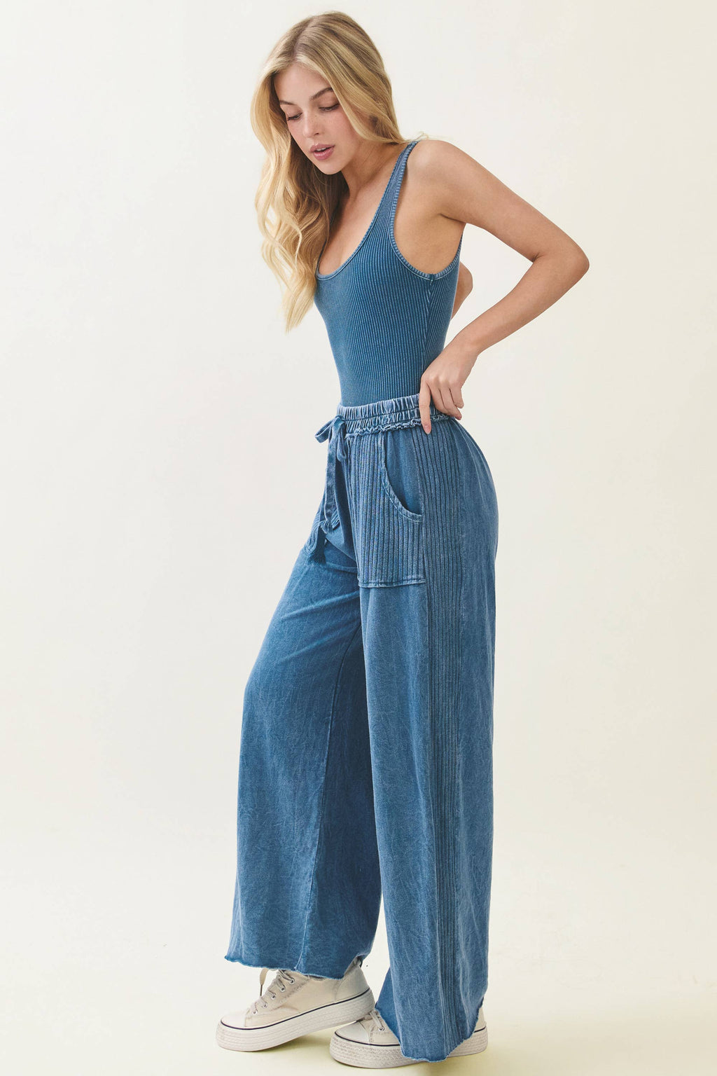 Mineral Wash Side Knit detail wide leg pants HE5878P