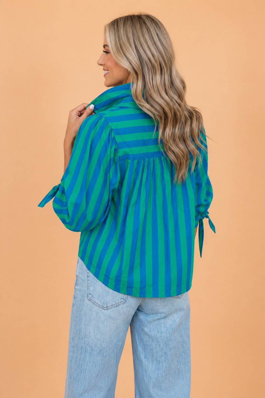 PRETTY BASH Stripe Tie Puff Sleeve Button Down Shirt
