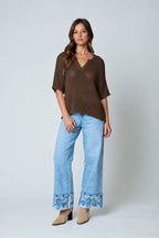 SPLIT NECK SHORT SLEEVE SHEER CROCHET KNIT TOP (PRE-ORDER)