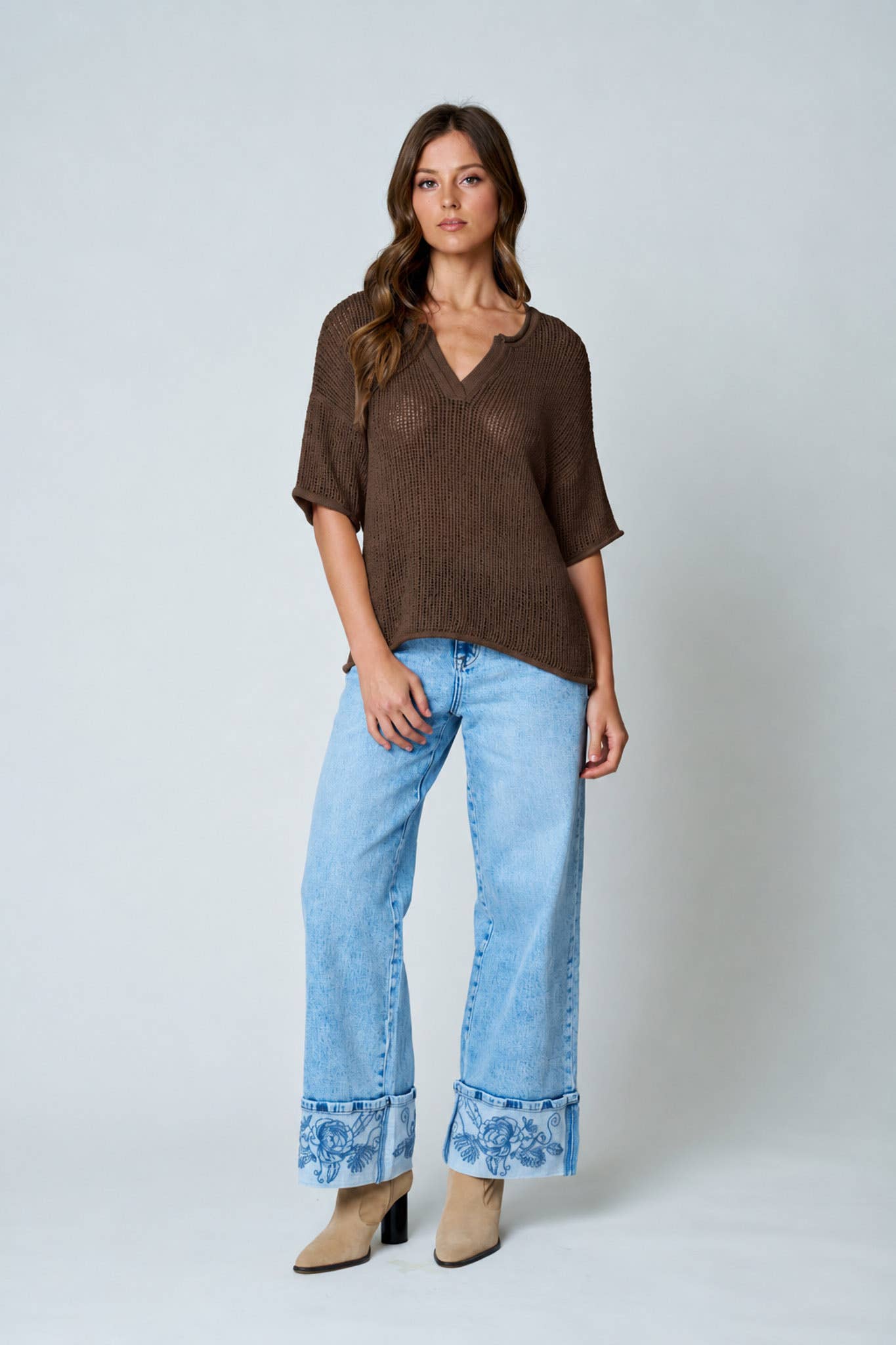 SPLIT NECK SHORT SLEEVE SHEER CROCHET KNIT TOP (PRE-ORDER)