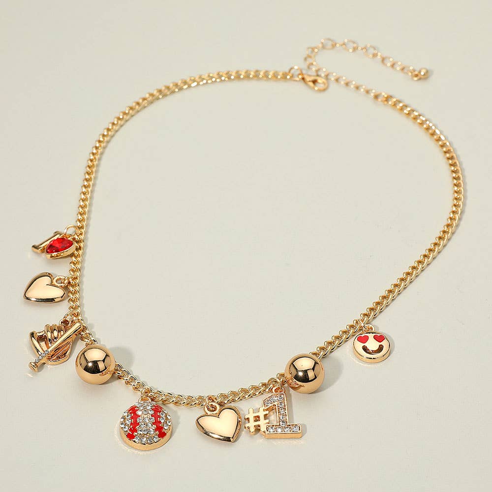 Heart Smile Number One Baseball Charm Necklace