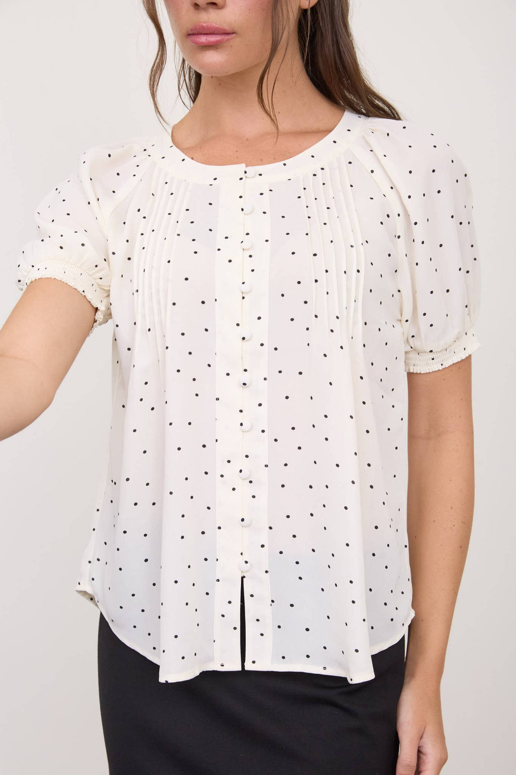 PINTUCK POLKA DOT BUTTON DOWN PUFF SLEEVE TOP