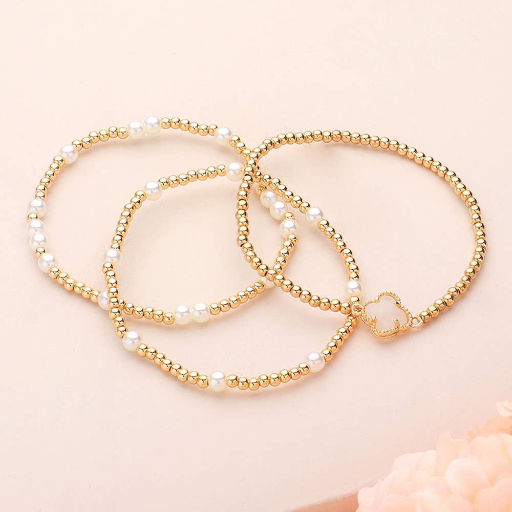 3PCS - Quatrefoil Pearl Metal Ball Beaded Stretch Bracelets