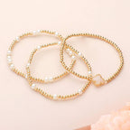 3PCS - Quatrefoil Pearl Metal Ball Beaded Stretch Bracelets