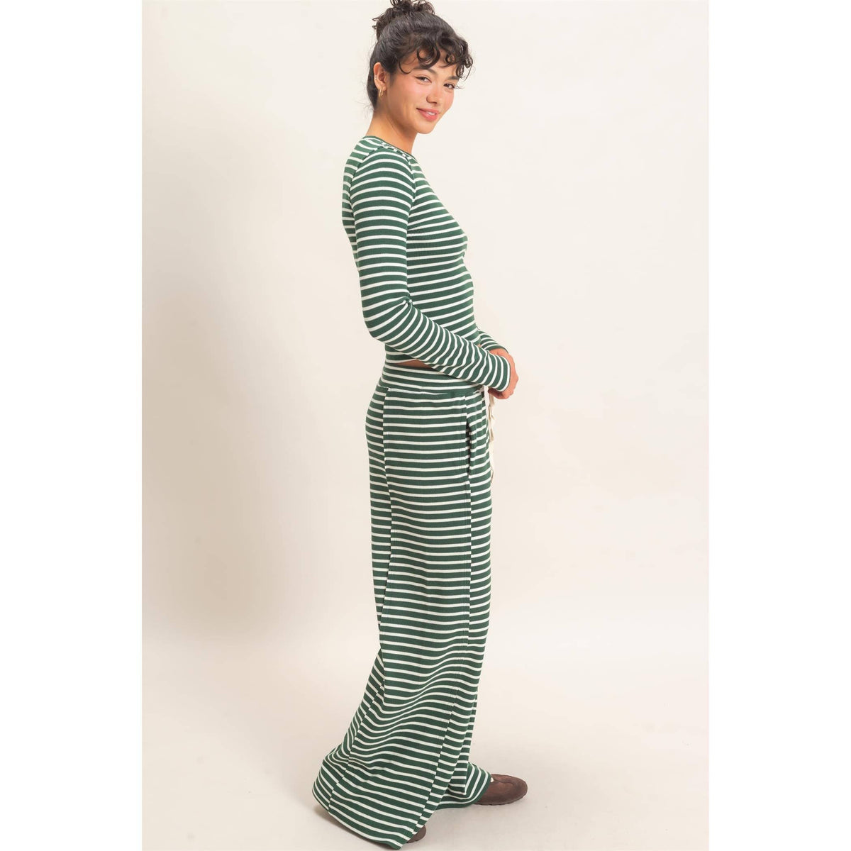 Striped Waffle Long Sleeve Top & Pants Set